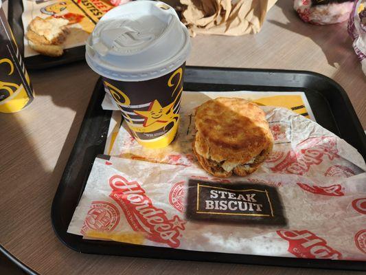 I opted for Coffee and the Steak Biscuit with an Ultimate Omelet Biscuit chaser, lol.