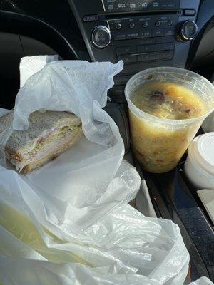 Freshly made turkey sandwich and sauerkraut soup