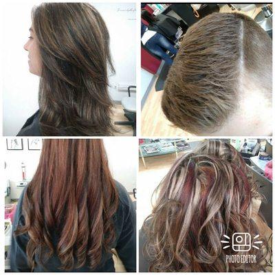 Soft four color foil top left, men's barber cut top left, balayage four color bottom , funky chunky three color foil bottom right