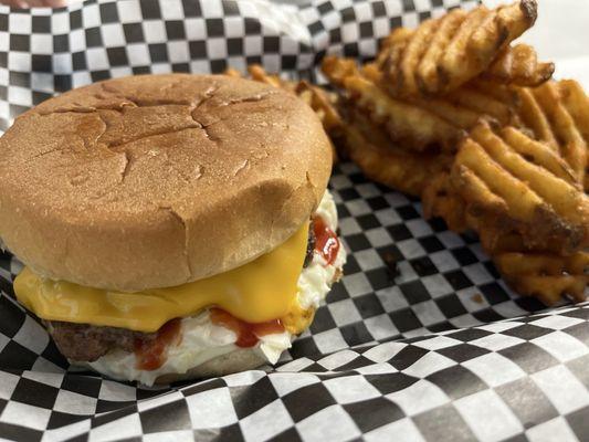 Cheeseburger and waffle fries! Ate the tater tots too fast to get a picture!