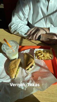 Cheeseburger, fries, Carmel shake.