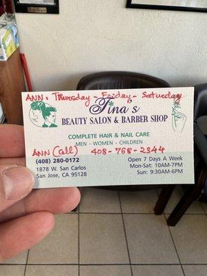 NEW LOCATION: February 2, 2022 Ann will be moving to Tina's salon. Thursday, Friday and Saturday