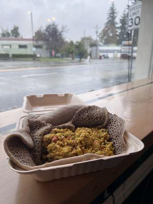 Ethiopian take on eggs, but need to replace the Covid-era cardboard box.