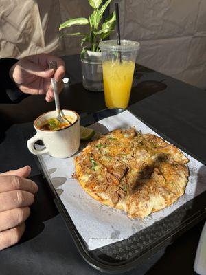 Birria Pizza and Mango Aguafresca