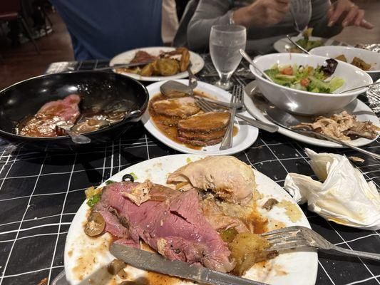 Chicken- pork- beef mashed and roasted potatoes- salad