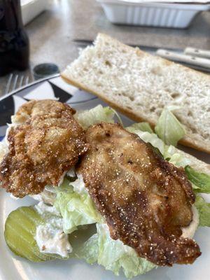 What my po' boy looked like. No tomato, one less oyster, great roll.