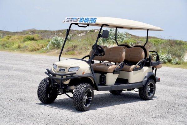 Tan 6 seater with with blue tooth speakers and color LED lights under the cart