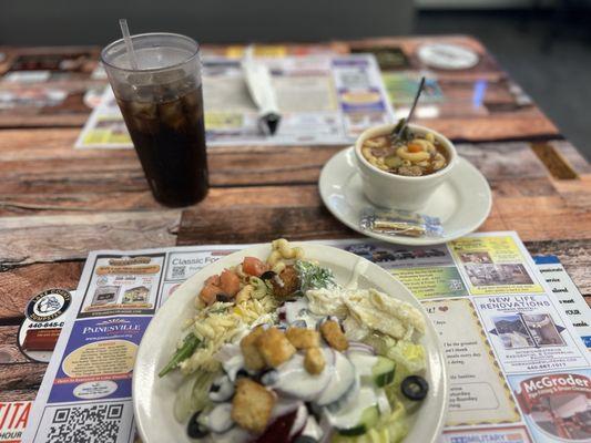 Salad and Italian meatball soup
