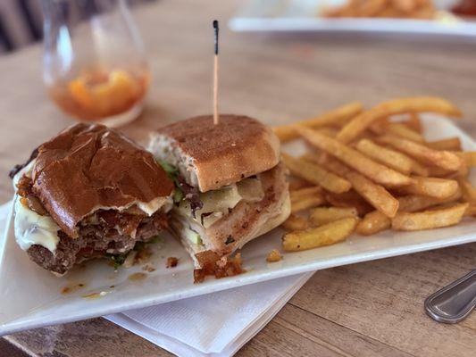 Sriracha Bacon Burger, Turkey Apple Panini, and Truffle Fries