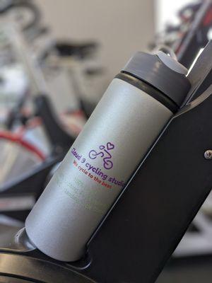 Cloud 9 cycling studio - We cycle to the beat - Custom branded water bottle