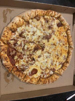 "Thick crust pizza" Whole pepperoni, half added bacon and pineapple. This is a large.