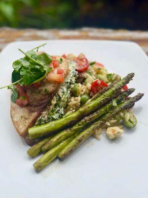 Spinach & Artichoke Stuffed Swordfish, Mediterranean Orzo Salad and grilled asparagus.