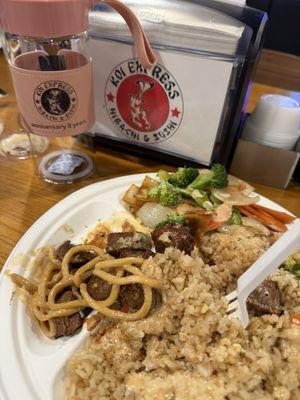 Steak hibachi (with a bite of my hubby's noodles to try) and a cute free cup!