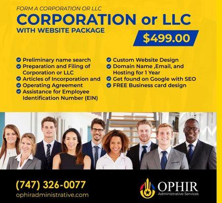 Corporation or LLC with website package for $499.00