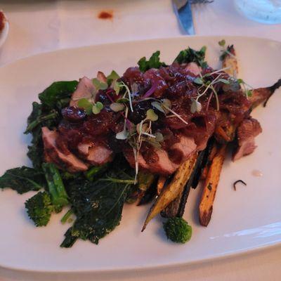 $33 grilled duck breast, roasted carrots, broccoli rabe, cranberry marmalade