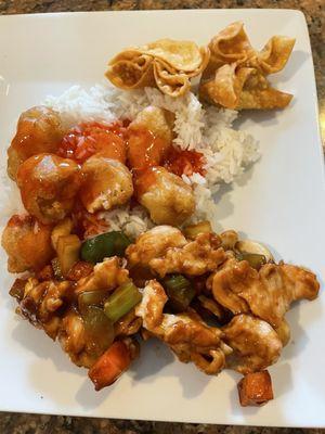 Sweet and sour chicken and rice, with chicken and cashews, crab Rangoon
