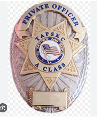 Official metallic badge worn by licensed private officers