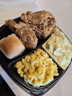 2pc, Leg & Breast, 2 sides mac n Cheese and potato salad, roll ...Lunch! $8.49!!