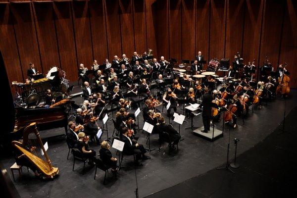 The 70-member Summerville Orchestra onstage at the Summers Corner Performing Arts Center