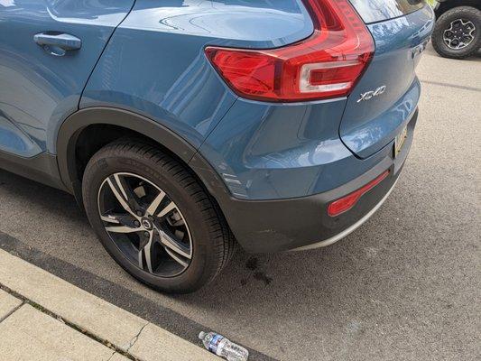 Damage to rear quarter panels caused by Caruso Heating and Air Conditioning van trying to squeeze past on the shoulder.