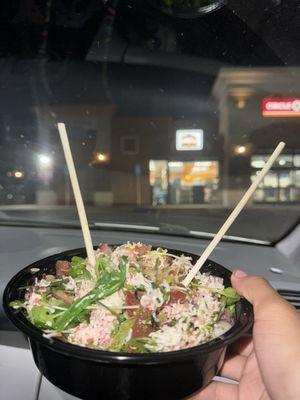 2 Scoop Poke Bowl with white rice, octopus, Tuna, Seaweed Salad, Crab Salad, Edamame and sauces.