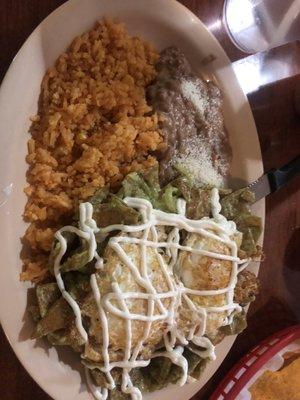Verde chilaquiles with rice and beans