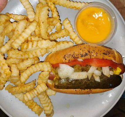 Chicago style hot dog with crinkle cut fries and dipping cheese