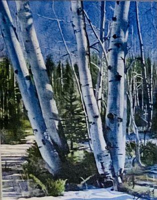Watercolor by John Schooley. Title: Utah Aspens. Reference material photo by John Schooley. Location: Brianhead, Utah.