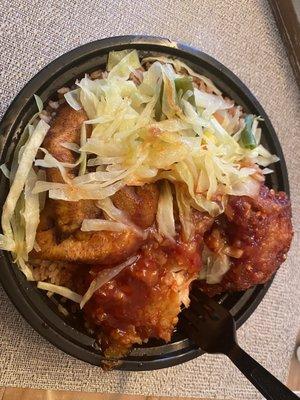 Sweet and Spicy Chicken Dish, fried sweet plantain, rice and peas, and steamed vegetables