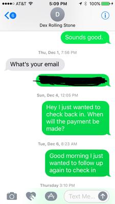 Him asking for my email, but never paying