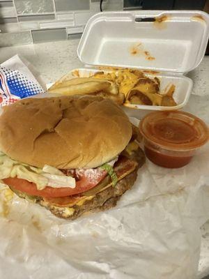 Double cheeseburger with bacon, 1/2 fries &tots