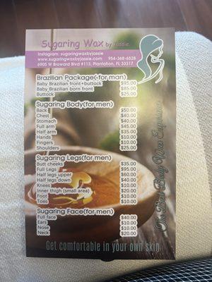 Sugar Waxing Menu for Men