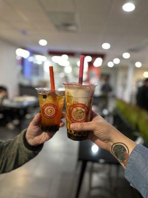 Tropical green tea w/ boba and Brown Sugar Milk w/ honey boba and caramel drizzle