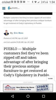 November 2020 Randy Cody. Paid 3746.00 Ethan Allen pit group reupholstered. Eric Ross, BBBureau, filed police report. Property not returned.