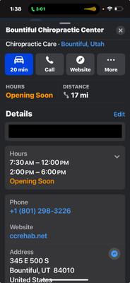Apple: using PINNED location at 311 E. 500 S, with fake address at 345 E. 500S, to unethically divert patients from another chiropractor.