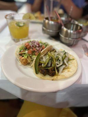 Spicy passion fruit margarita, fish tacos & steak taco.