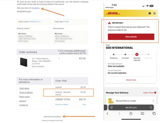 My Receipt from Rowenta and the DHL Notice.