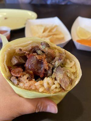 Campechano burrito, has steak and bacon, beans, cheese and rice, no pico or sour cream