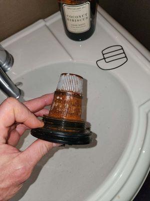 New plumber started cleaning the filter. He had done the top, but you can see the bottom is still caked in iron.