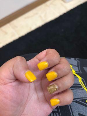 Yellow and gold square shaped dip nails