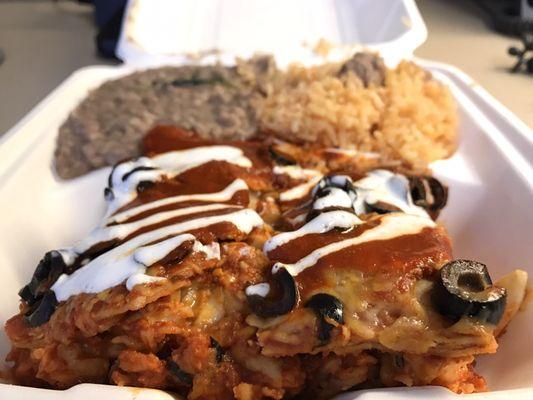 I definitely recommend the Enchilada Casserole with rice and beans. Very good!