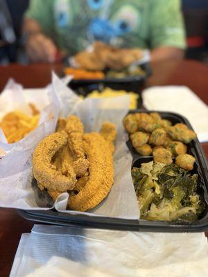 Fried catfish,oakra  greens