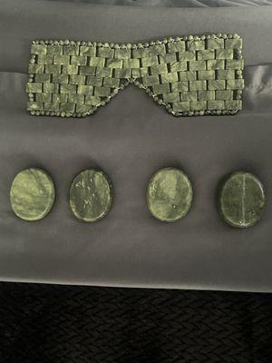Jade stone eye mask and jade stones to be cooled or heated for preference.