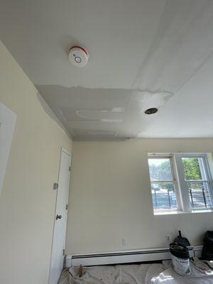 This was a bad roof leak that damaged the drywall ceiling so I replaced insulation and drywall and plaster all joints