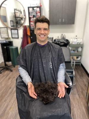 Drew got a serious hair cut for a Wedding.