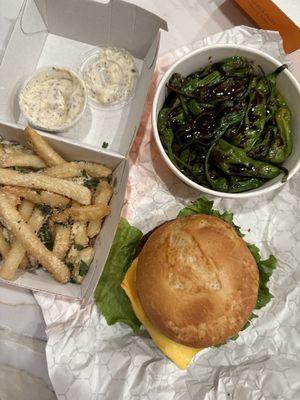 Truffle Fries, Veggie Burger, and Shishito Peppers