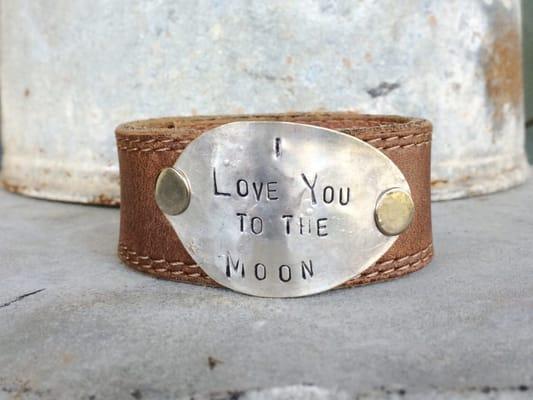 I Love You To The Moon Hand Stamped Leather Cuff
