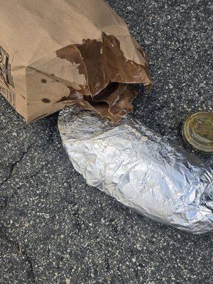 Burrito was soaking wet and leaked through the bag. Entire tortilla was mush.