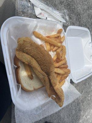 Fried fish, fries and bread