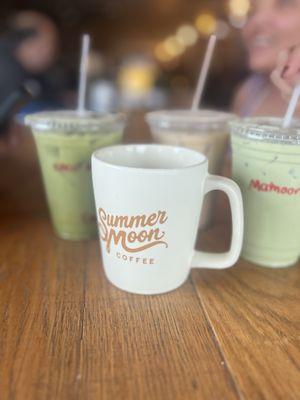 matcha x2 and a latte with a mug